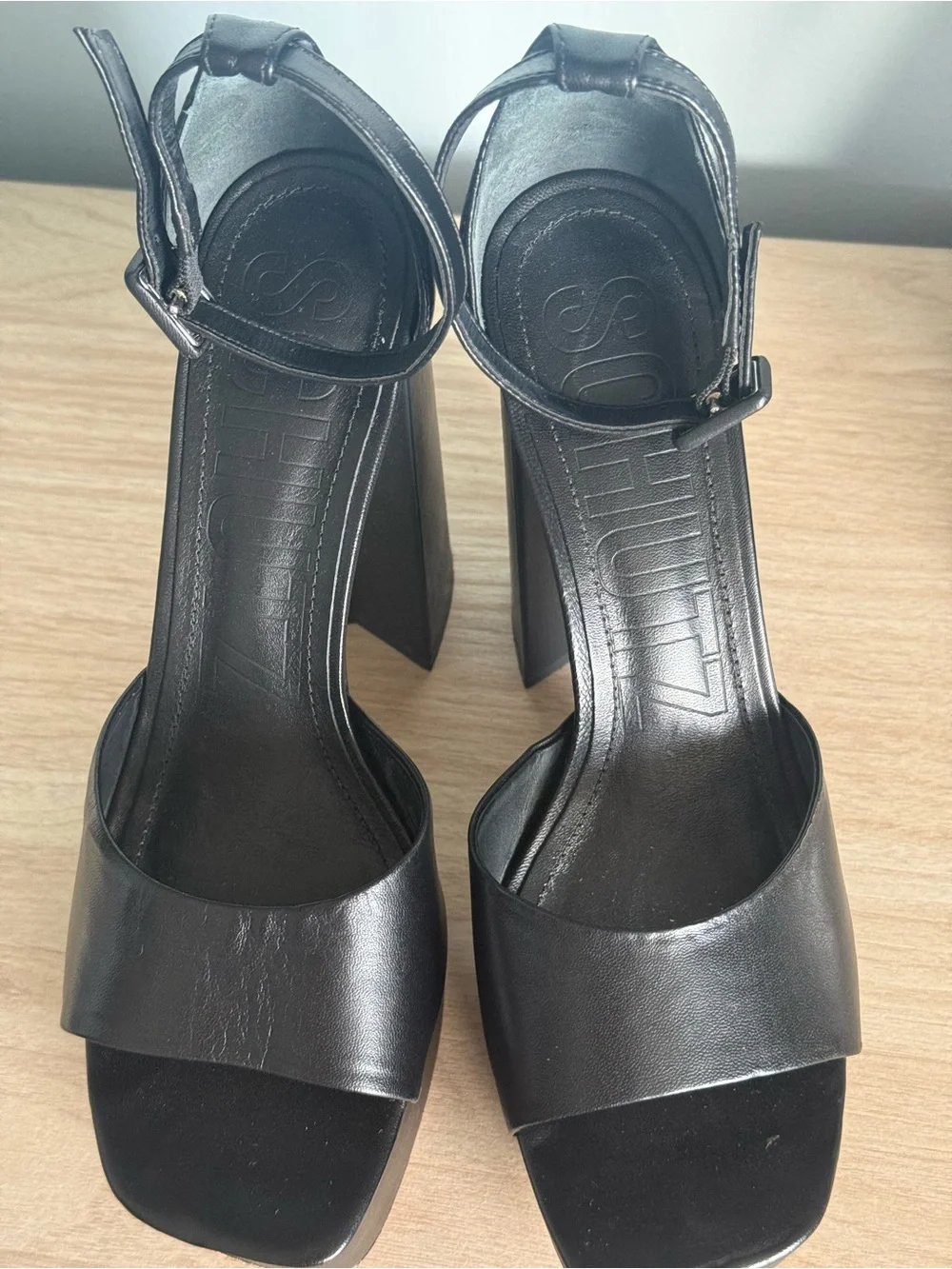 SCHUTZ Black Leather Platform Block Heel Sandals